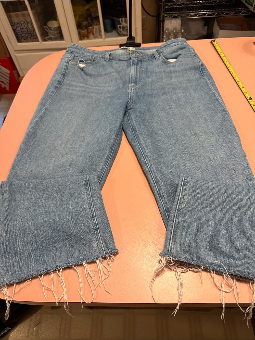PAIGE Light Blue Wide Leg Frayed Hem Jeans